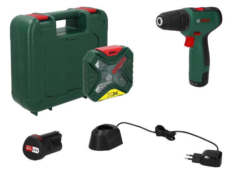 Kit de perceuse-visseuse sans fil avec deux batteries, chargeur, embouts et coffret