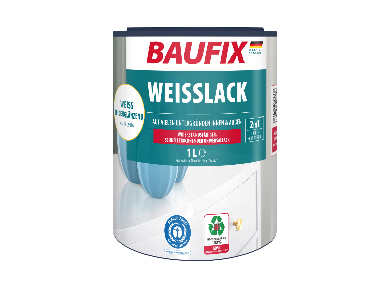 Pot de peinture blanche Baufix, 1L, intérieur/extérieur.