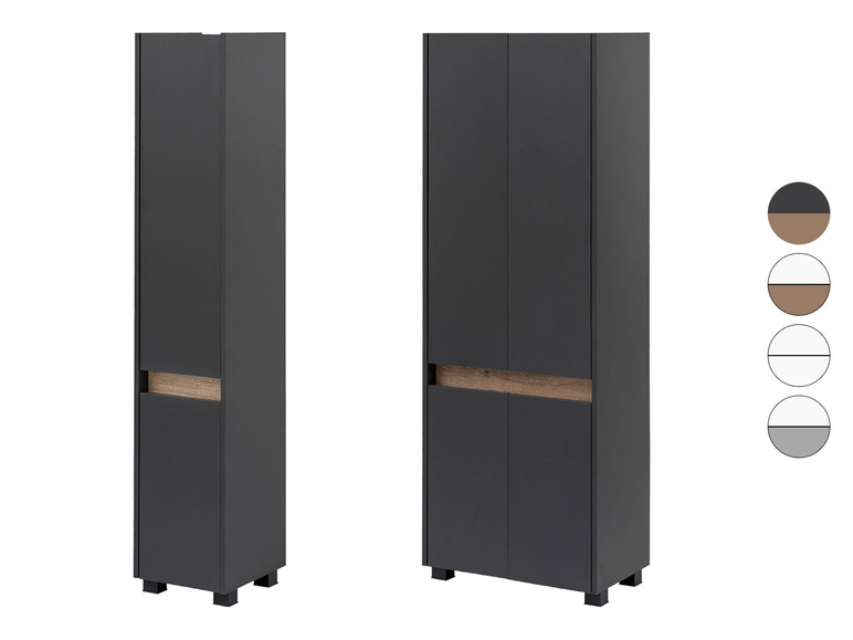 Deux armoires hautes à double porte, en gris avec des accents en bois.