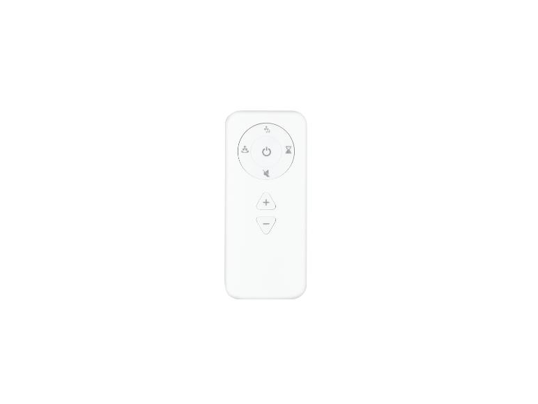 Télécommande blanche pour ventilateur de plafond avec boutons de contrôle de vitesse et de minuterie.