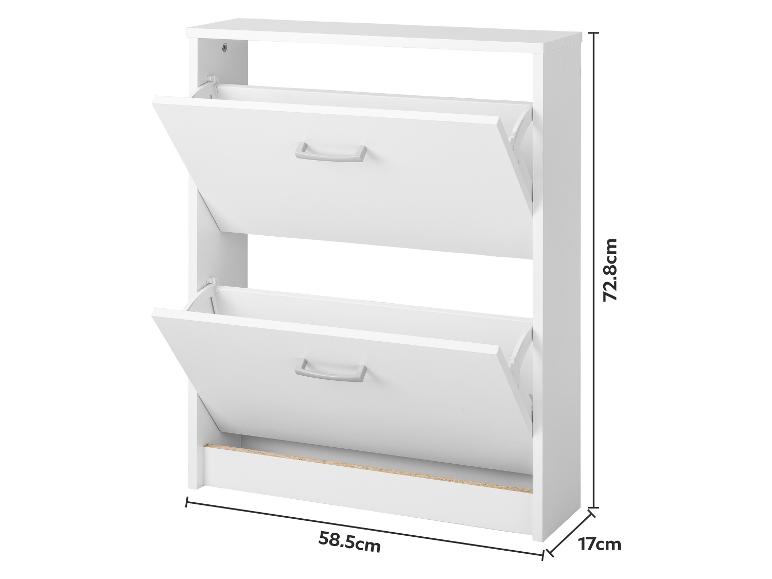 Meuble à chaussures blanc avec deux tiroirs basculants et dimensions.