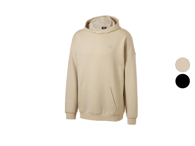Sweat à capuche beige avec un petit logo sur la poitrine et une poche kangourou