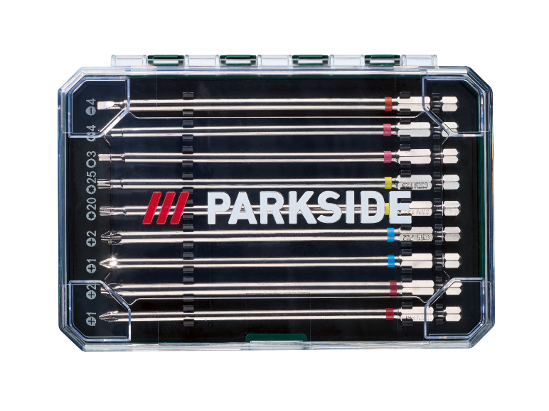 Jeu de tournevis Parkside dans un boîtier en plastique transparent.