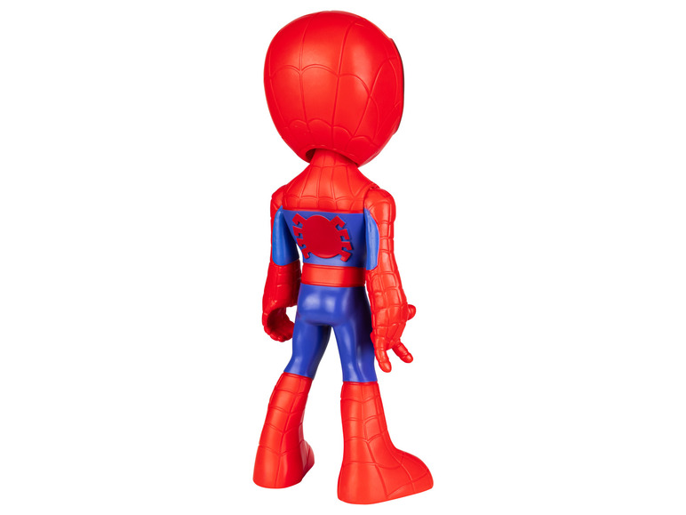 Une figurine de jeu Spider-Man rouge, vue de dos.