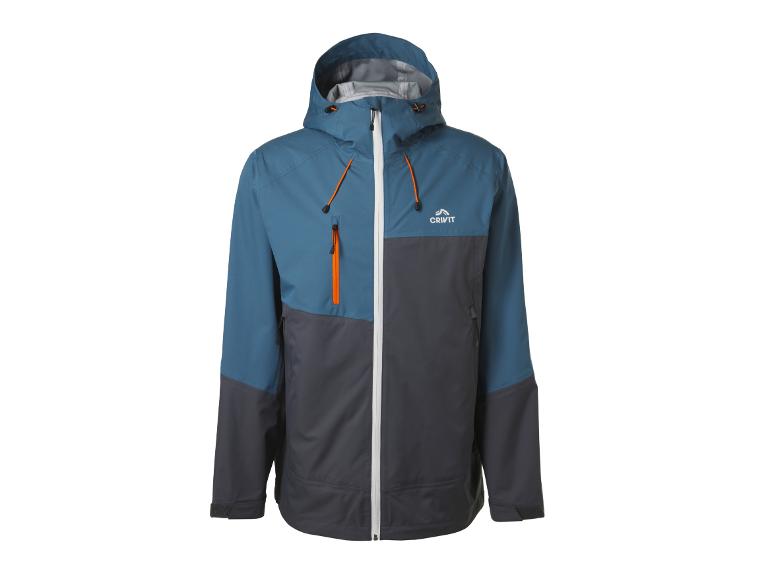 Veste d'extérieur pour homme bleue et grise avec capuche et accents orange