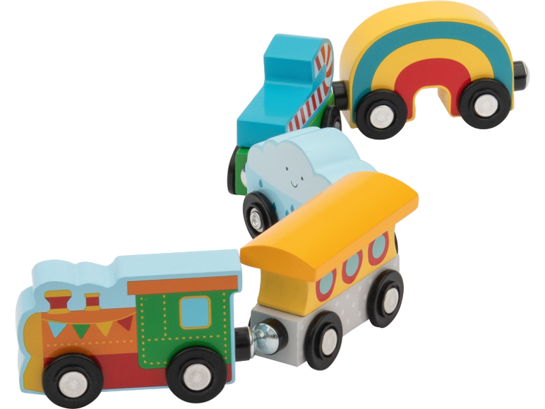 Train jouet en bois coloré avec locomotive, wagon nuage, wagon rayé et wagon arc-en-ciel.