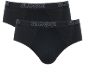 Deux paires de slips noirs pour hommes avec texte gris clair sur la ceinture.