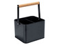 Boîte de rangement en métal noir avec poignée en bois.
