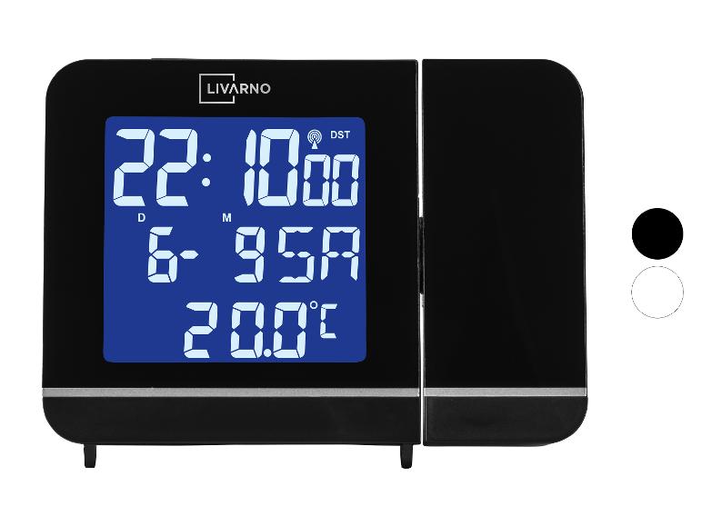 Réveil numérique LIVARNO avec projection, écran bleu et température, en noir.