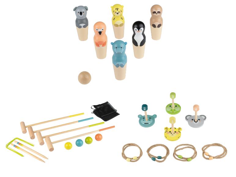 Ensemble de jeux d'extérieur en bois avec quilles à thème animal, croquet et lancer d'anneaux.
