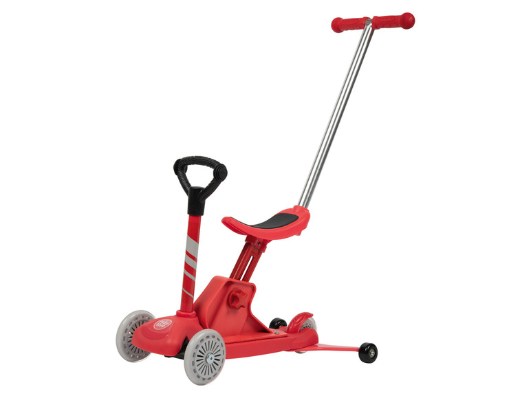 Une trottinette, une draisienne et un pousseur 3 en 1 Play-Doh rouge.
