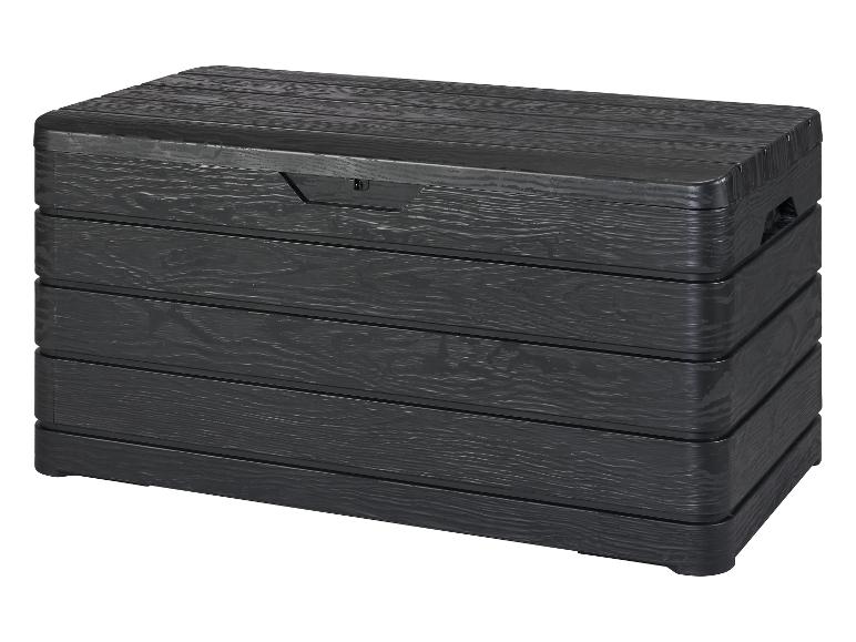 Un coffre de rangement noir avec un aspect bois.
