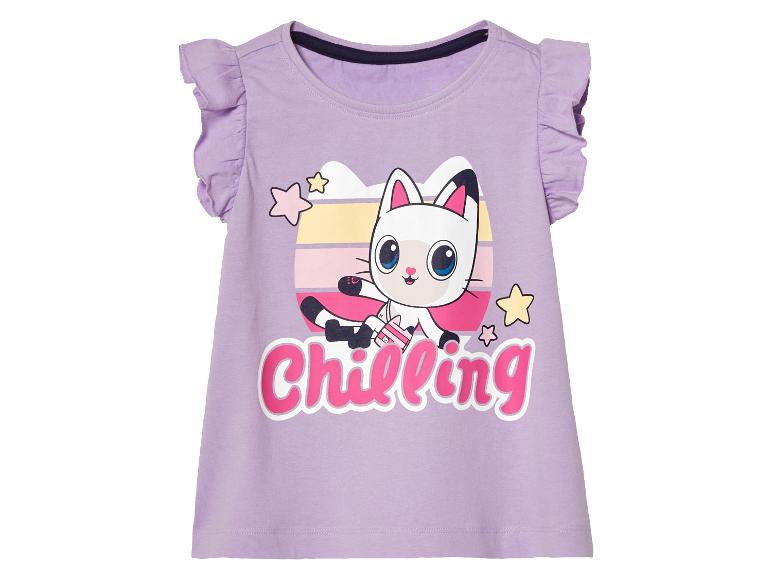T-shirt violet à manches courtes, motif chat mignon, style enfantin.