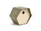 Nichoir hexagonal moderne en plastique vert et bois clair.
