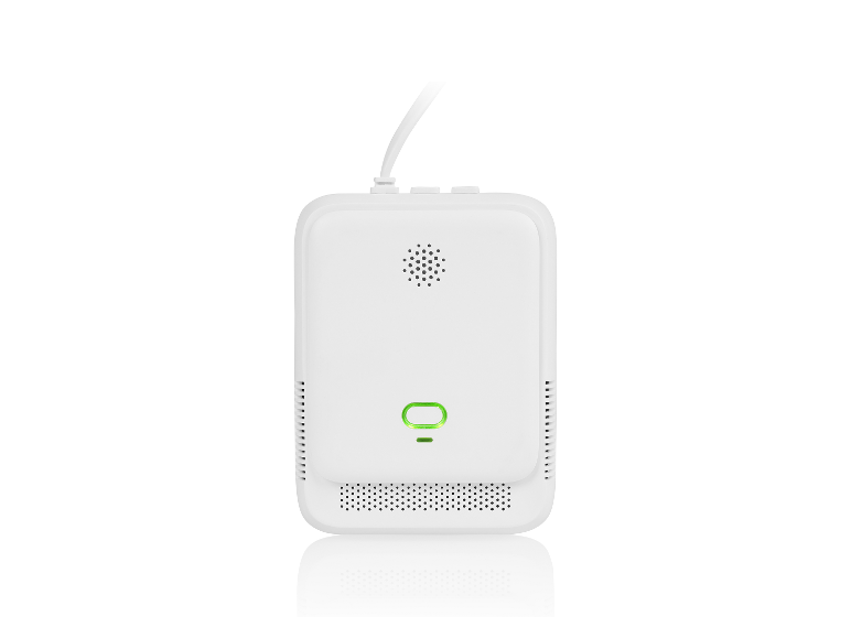 Détecteur de qualité de l'air blanc avec écran vert et câble d'alimentation.