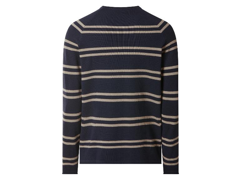 Pull rayé à manches longues pour homme en bleu marine et beige, vue de dos.
