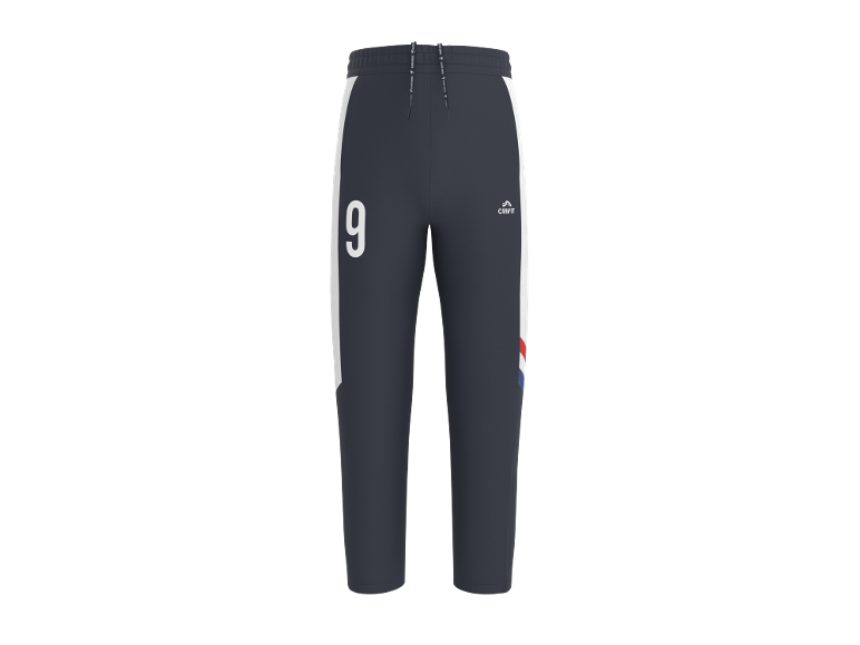 Pantalon de sport gris foncé avec rayures latérales blanches, numéro 9 et petit logo.