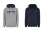 Deux sweats à capuche, un gris avec l'impression 'MANDO!' et un bleu foncé avec un canard de dessin animé.