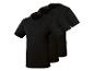Trois t-shirts noirs à manches courtes, disposés en diagonale