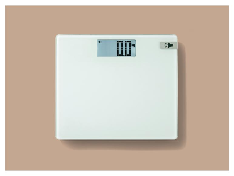Pèse-personne numérique blanc avec affichage '0.0 kg' et icône sonore.