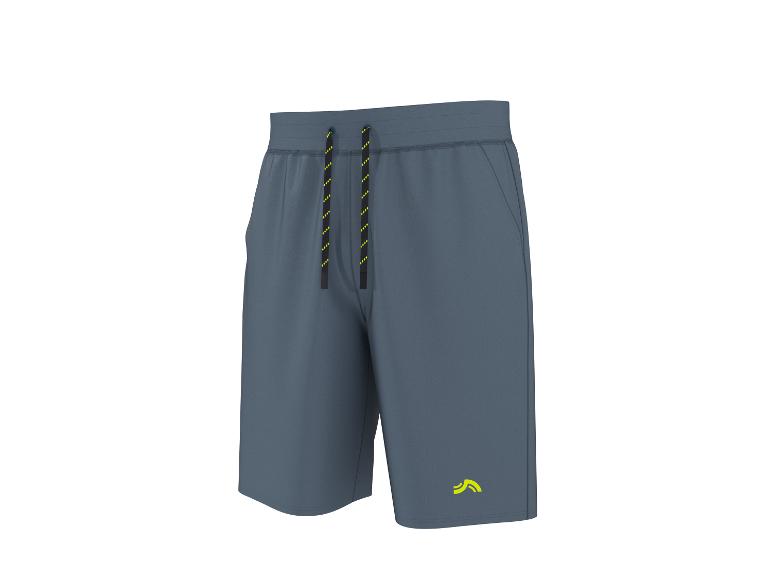 Short de sport gris avec des accents jaunes et un cordon de serrage.