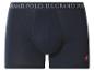 Boxers en coton bleu marine avec ceinture élastique avec texte et logo rouge.