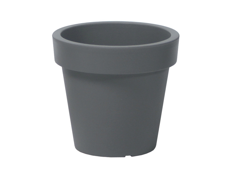 Un pot de fleurs en plastique gris foncé.