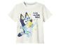 T-shirt blanc à manches courtes avec un chien de dessin animé et le texte « BED. SLEEP. NOW. »