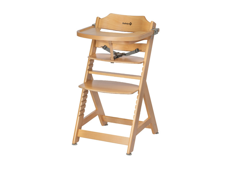 Une chaise haute en bois pour bébé avec un plateau, de la marque Safety 1st.