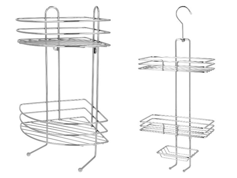 Deux paniers de douche en métal chromé, un d'angle et un suspendu, pour le rangement de la salle de bain.