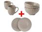 Ensemble vaisselle beige : bols, tasses et assiettes.