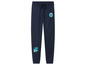 Pantalon de jogging bleu foncé avec un imprimé de dinosaure et des bandes blanches.