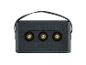 Enceinte portable noire avec boutons dorés pour les basses et les aigus, avec une poignée en cuir.