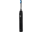 Brosse à dents électrique noire avec poils bleus et blancs, avec bouton marche/arrêt.