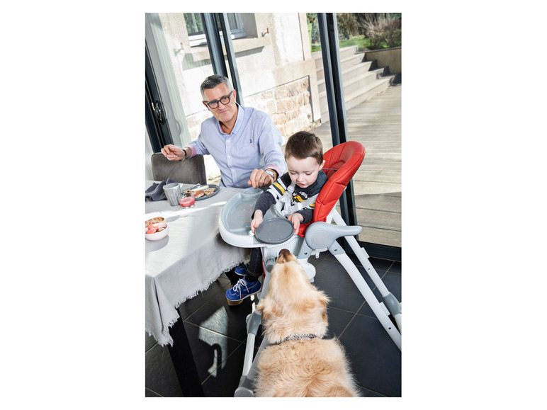 Un enfant assis dans une chaise haute rouge à table avec un chien et un adulte.