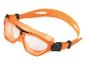 Lunettes de natation orange avec verres transparents et boucles noires.