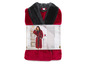 Un peignoir rouge avec une doublure grise, emballé et prêt à porter.