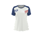 T-shirt de sport blanc pour femme avec manches bleues et un motif rayé bleu, blanc, rouge sur la poitrine.