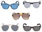 Cinq paires de lunettes de soleil différentes, y compris bleues, noires, marron et dorées.