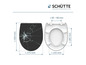 Un abattant de toilette noir et blanc avec des dimensions.