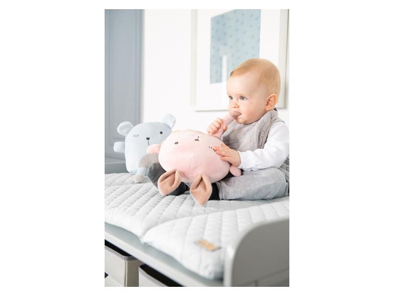 Bébé assis sur une table à langer avec des peluches, une rose et une bleue.