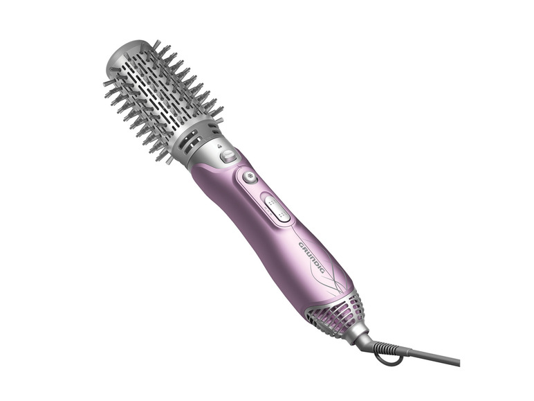 Une brosse à cheveux Grundig rose avec une tête de brosse rotative.