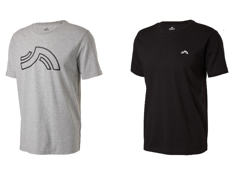 Deux t-shirts Crivit : un gris avec un grand logo et un noir avec un petit logo.