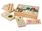 Dominos en bois sur le thème de la ferme et des nombres dans une boîte en bois.