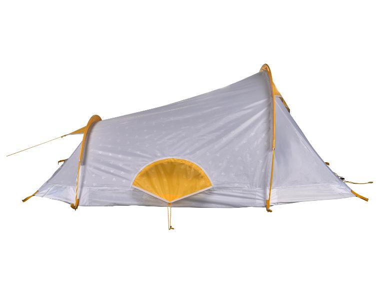 Tente de camping légère, grise et jaune.