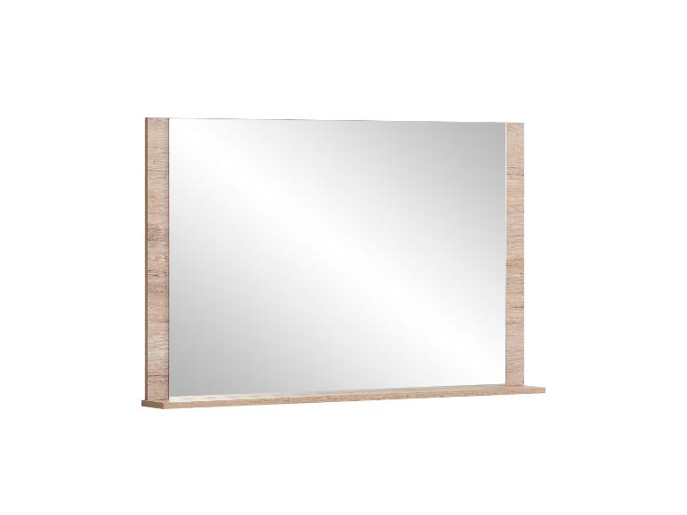 Miroir carré avec cadre en bois et petite étagère en dessous.