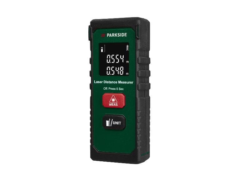 Un télémètre laser Parkside affichant les mesures et les commandes.
