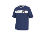 Maillot de sport bleu marine avec bande blanche, logo et numéro 9, et col blanc.