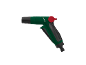 Pistolet d'arrosage vert et noir avec un bouton de commande rouge.