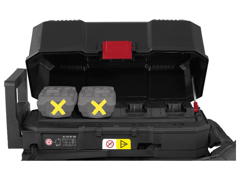 Une boîte de chargement noire avec deux batteries et une sangle de transport.